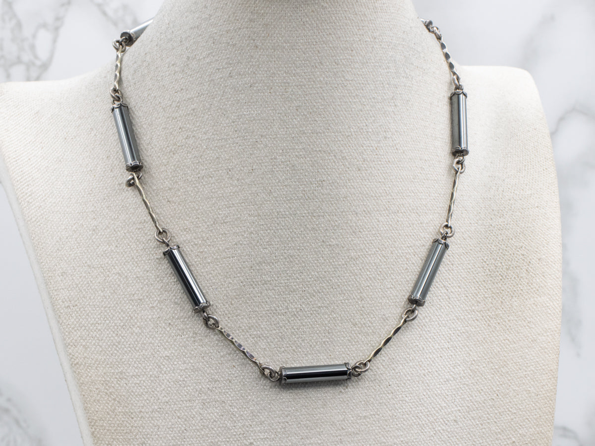 Vintage Sterling Silver Hematite Cylinder and Twisted Link Necklace with Lobster Clasp