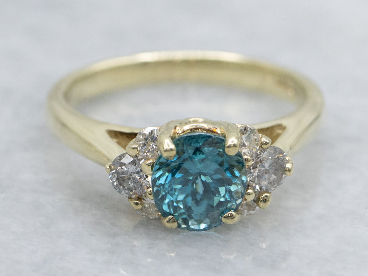 Green Gold Blue Zircon and Diamond Ring