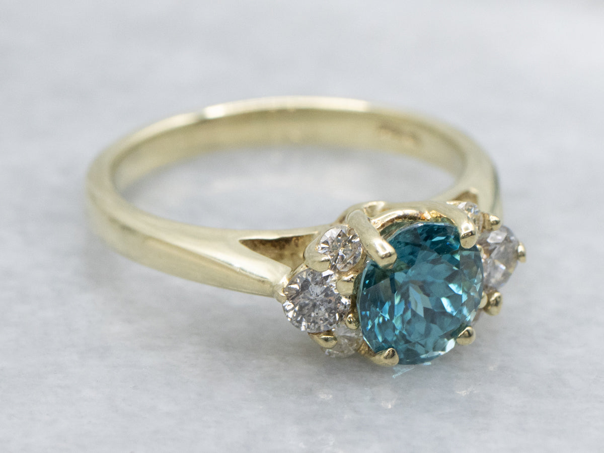 Green Gold Blue Zircon and Diamond Ring