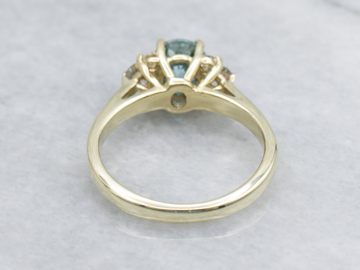 Green Gold Blue Zircon and Diamond Ring