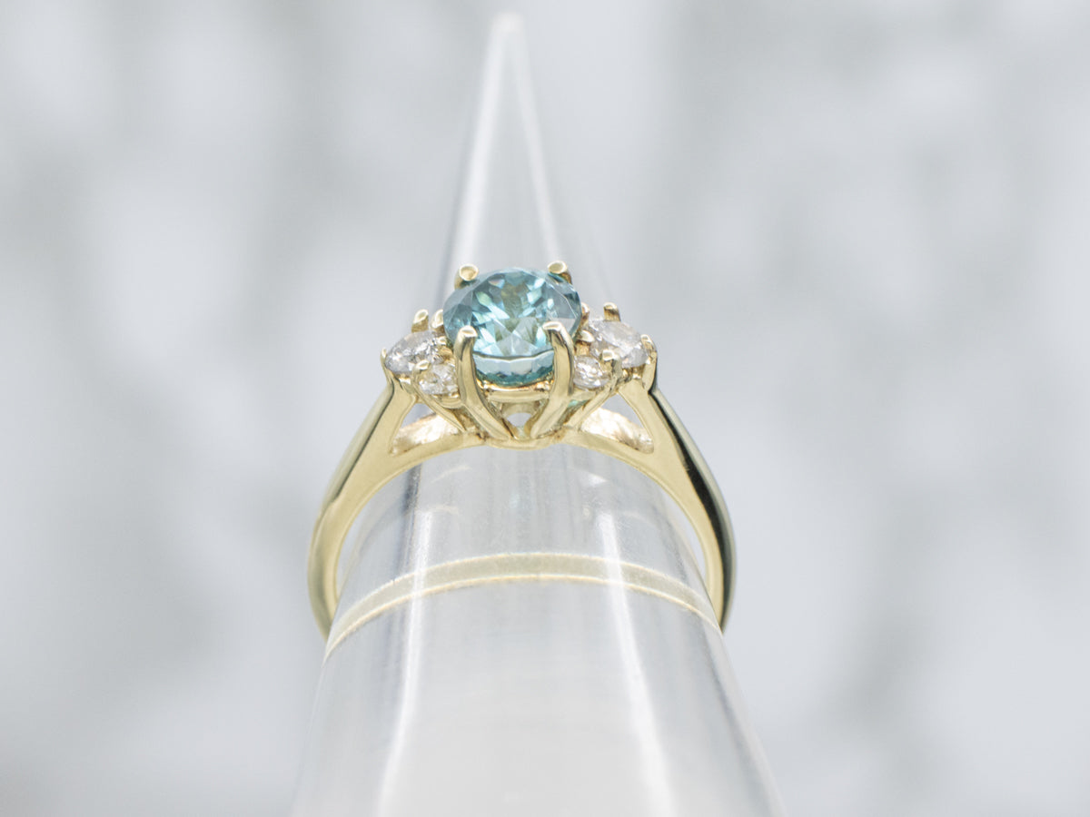Green Gold Blue Zircon and Diamond Ring