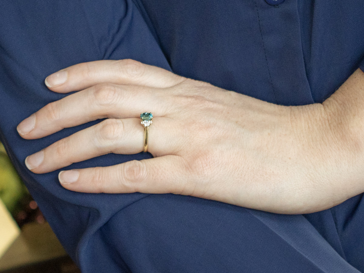 Green Gold Blue Zircon and Diamond Ring