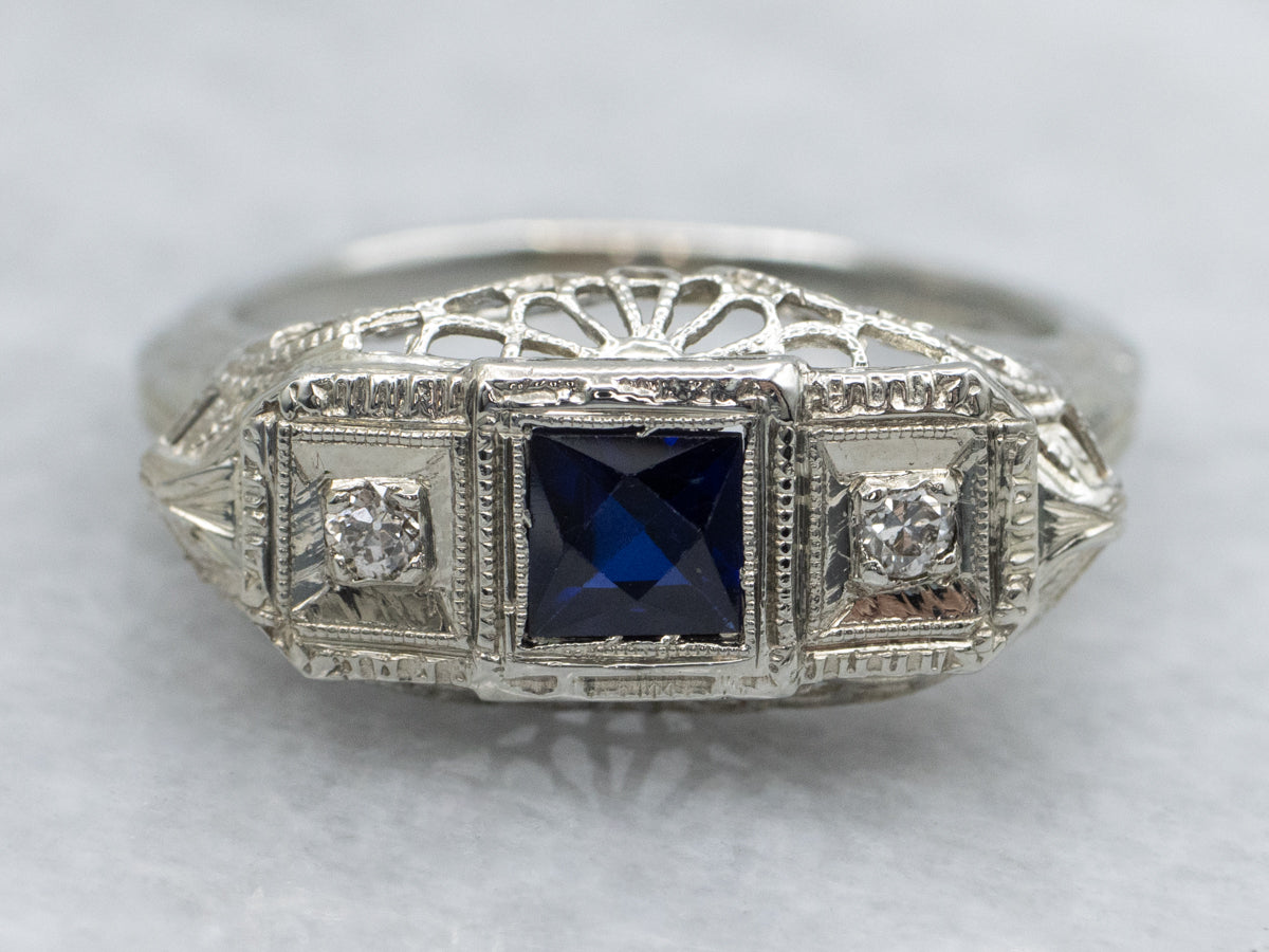 1920s Synthetic Sapphire and Diamond Three Stone Filigree Ring