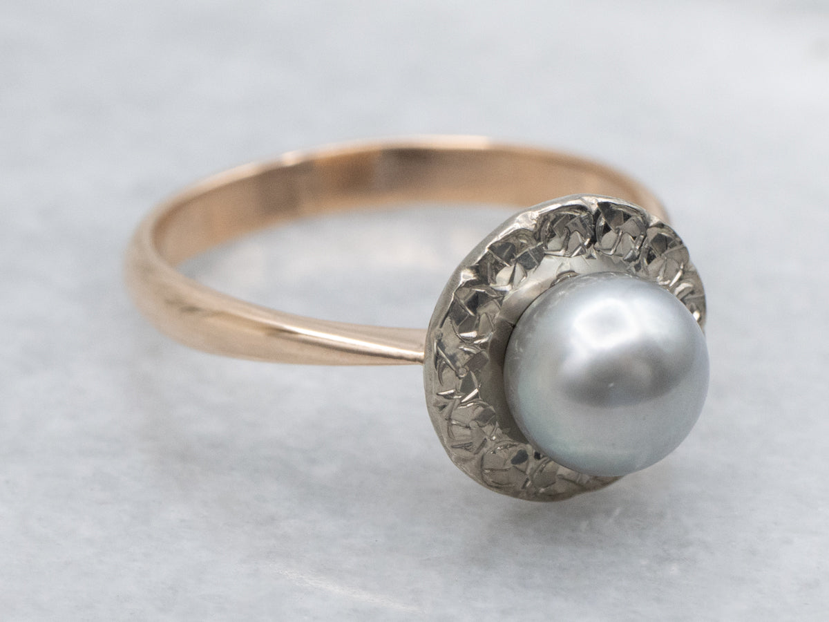 Vintage Grey Pearl Two-Tone Gold Ring