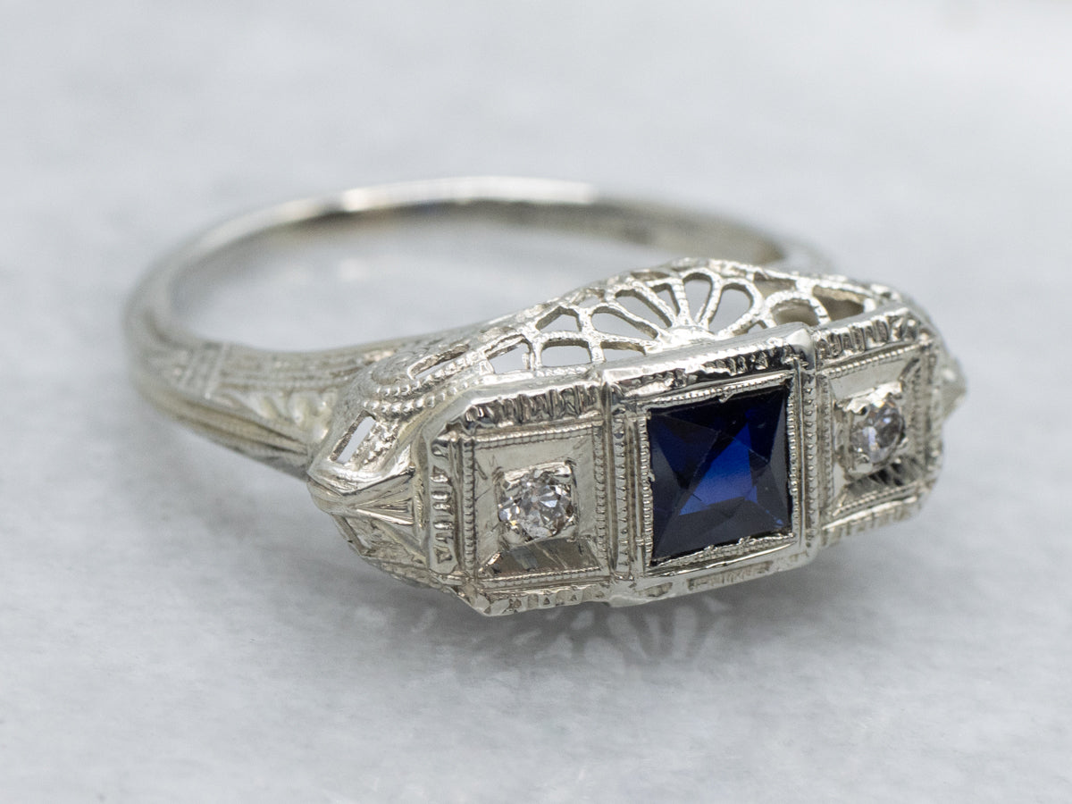 1920s Synthetic Sapphire and Diamond Three Stone Filigree Ring