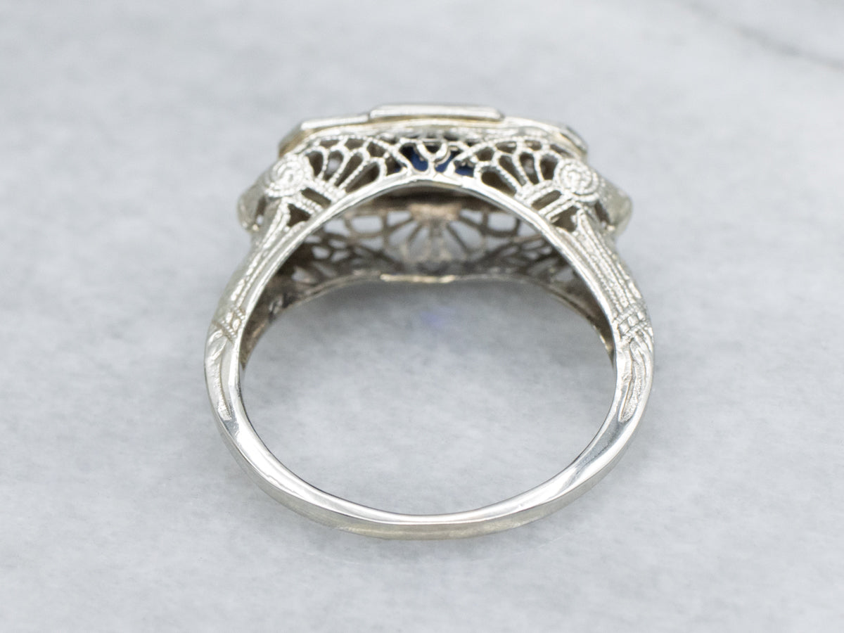 1920s Synthetic Sapphire and Diamond Three Stone Filigree Ring
