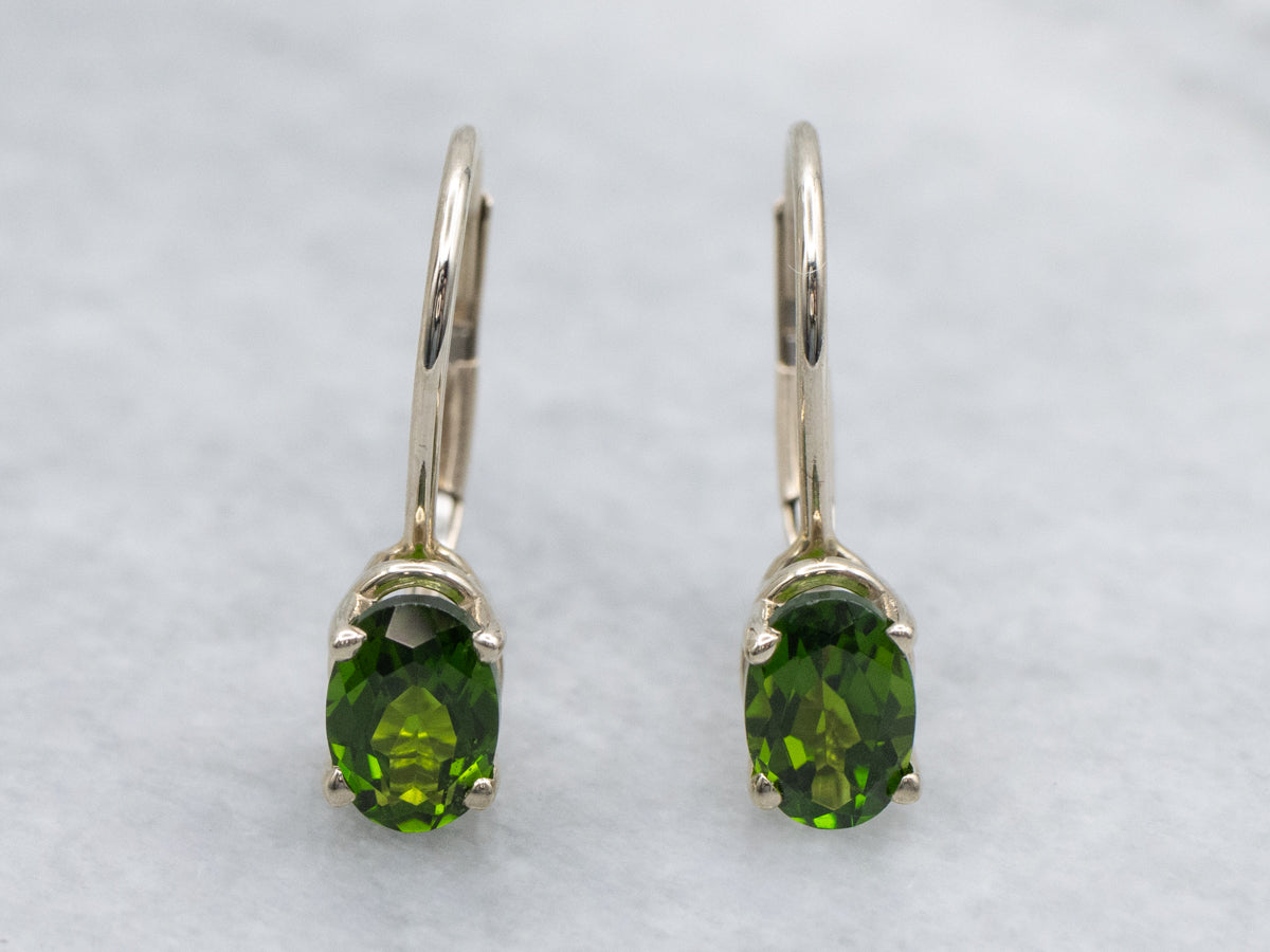 Oval-Cut Diopside White Gold Gemstone Drop Earrings