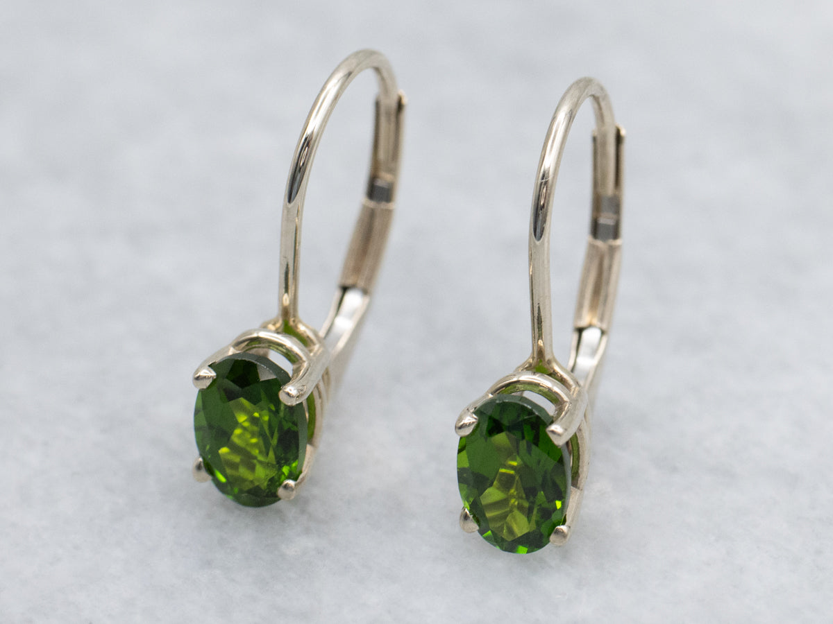 Oval-Cut Diopside White Gold Gemstone Drop Earrings