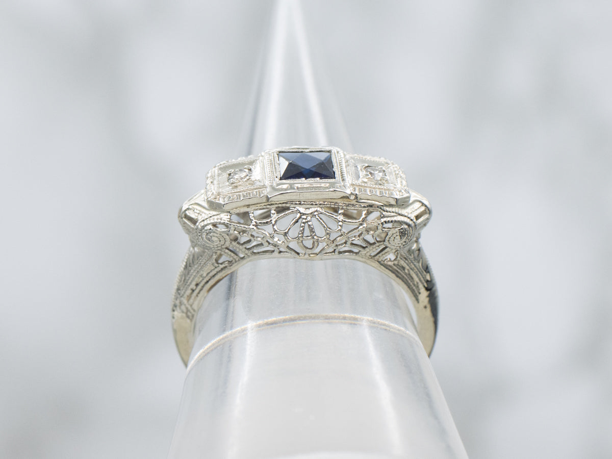 1920s Synthetic Sapphire and Diamond Three Stone Filigree Ring