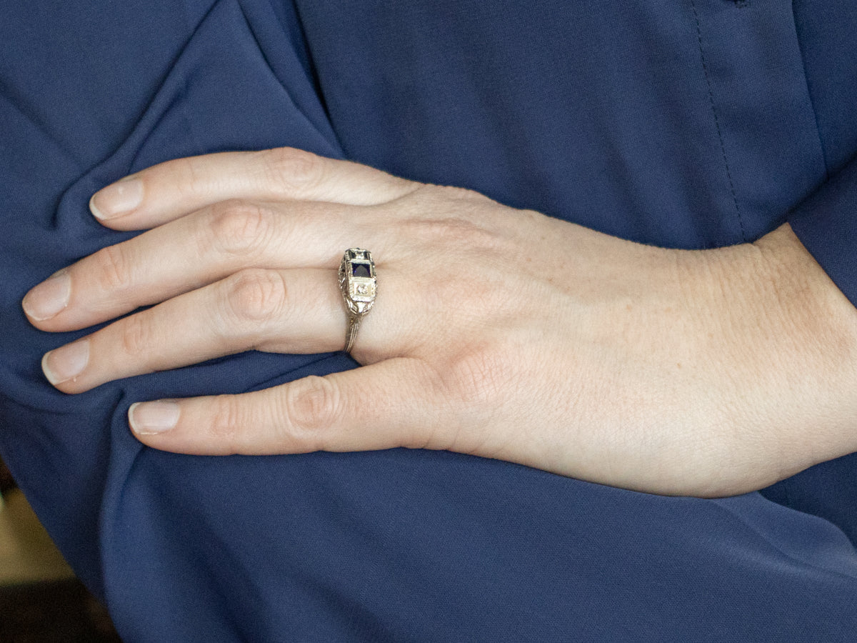 1920s Synthetic Sapphire and Diamond Three Stone Filigree Ring