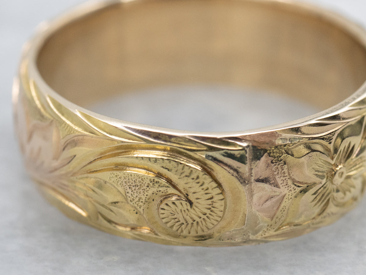 Vintage Men's Two-Tone Gold Botanical Patterned Band