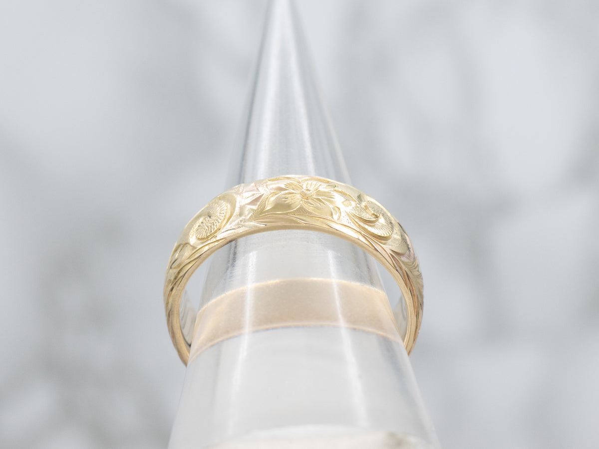 Vintage Men's Two-Tone Gold Botanical Patterned Band