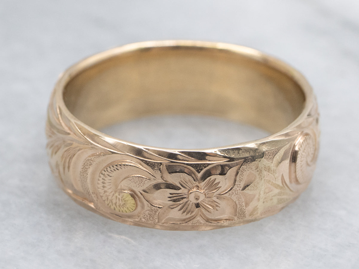 Men's Vintage Two-Tone Gold Engraved Botanical Patterned Band