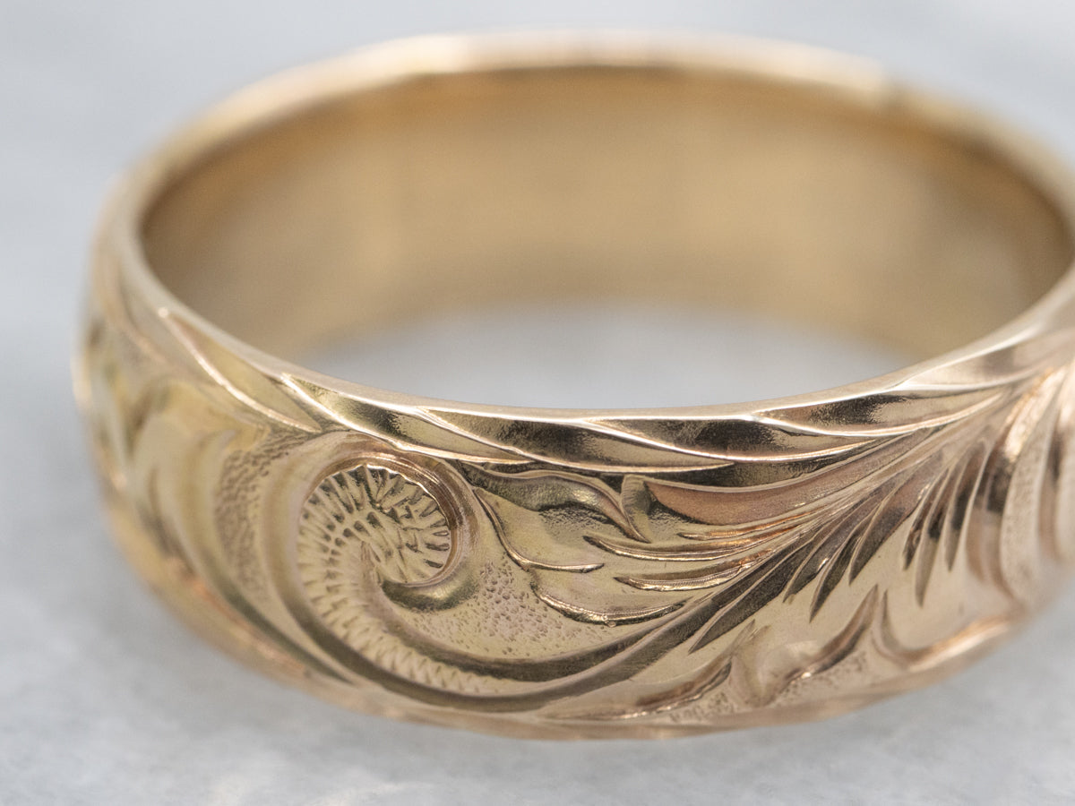 Men's Vintage Two-Tone Gold Engraved Botanical Patterned Band
