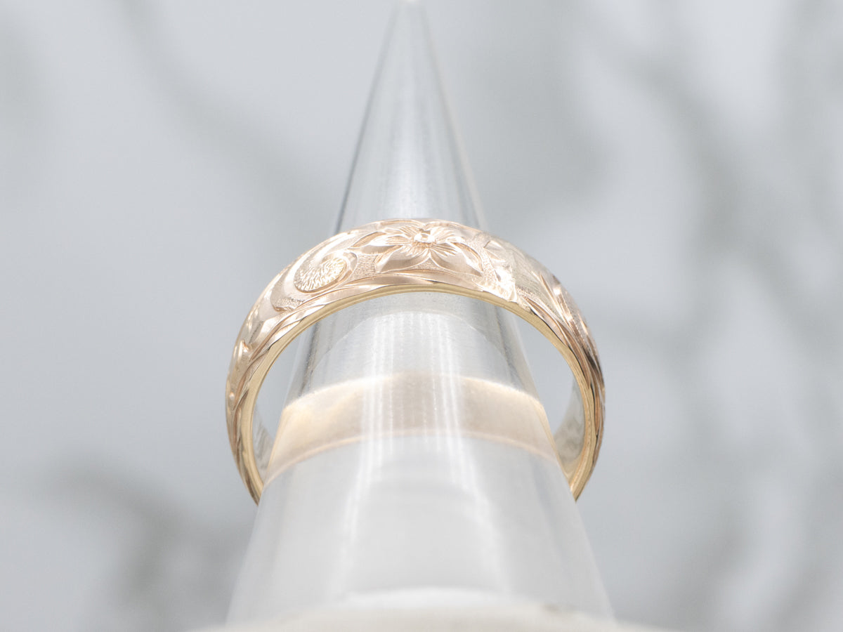 Men's Vintage Two-Tone Gold Engraved Botanical Patterned Band