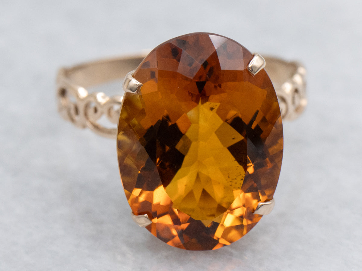 Citrine Solitaire in Vintage Scrolling Gold Filigree Setting