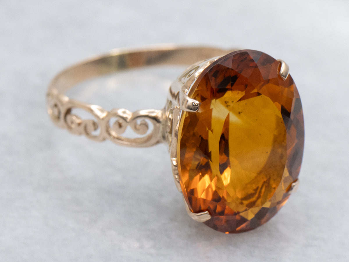 Citrine Solitaire in Vintage Scrolling Gold Filigree Setting