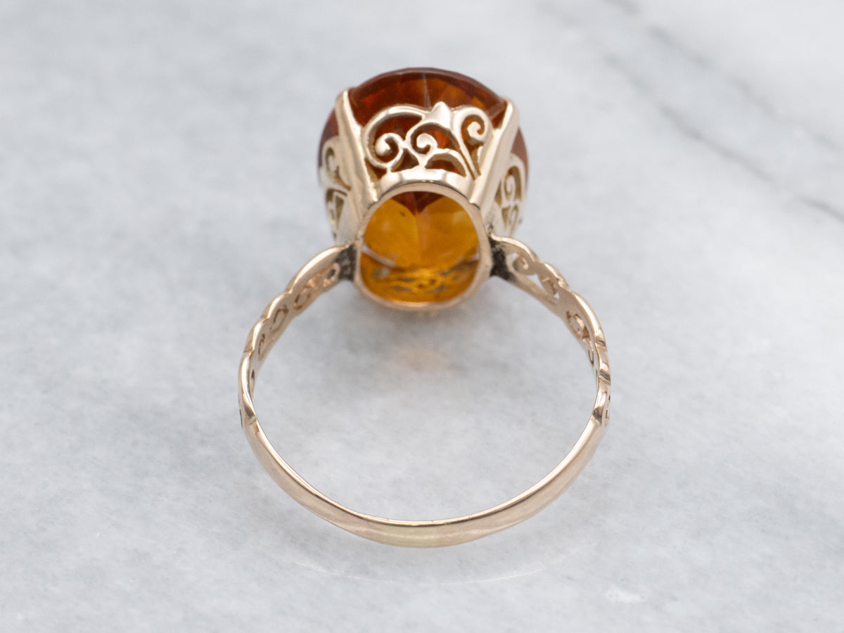 Citrine Solitaire in Vintage Scrolling Gold Filigree Setting