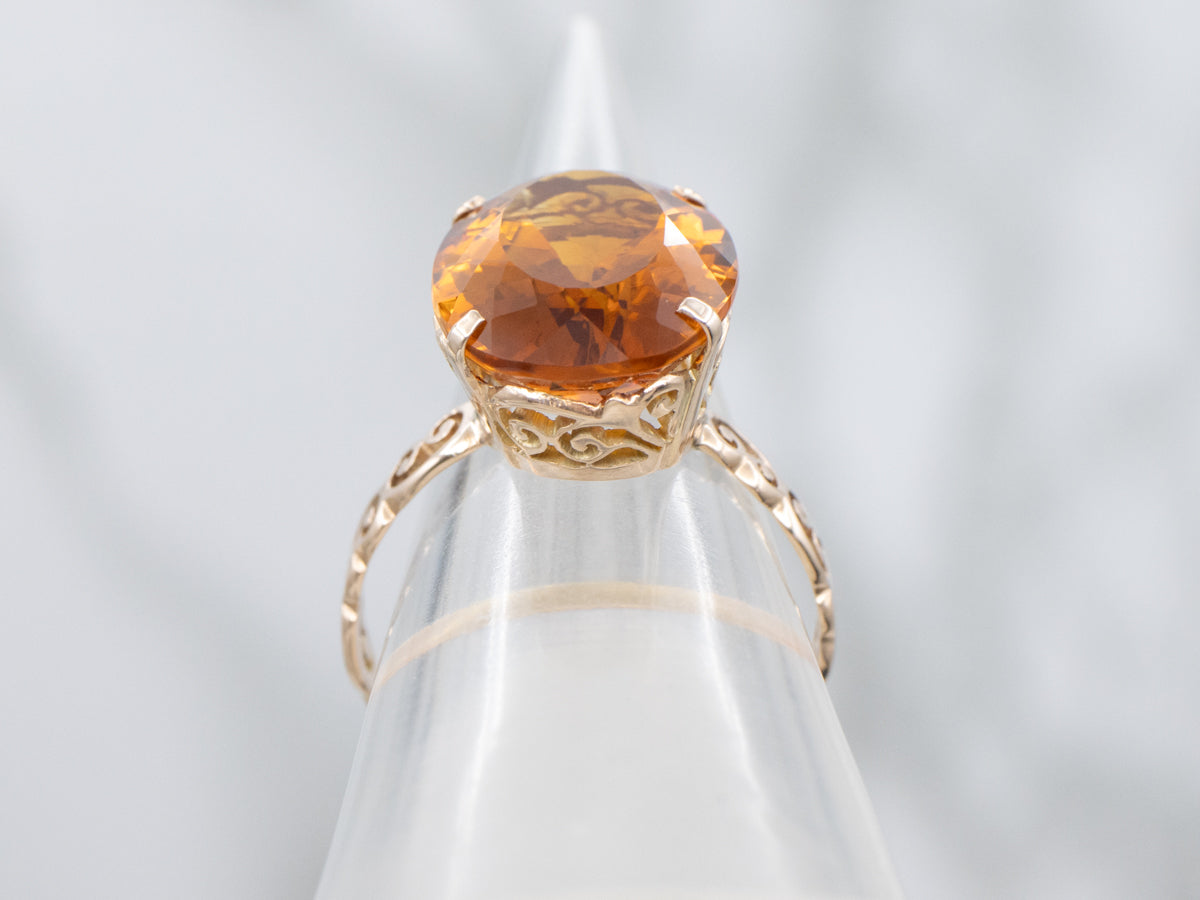 Citrine Solitaire in Vintage Scrolling Gold Filigree Setting