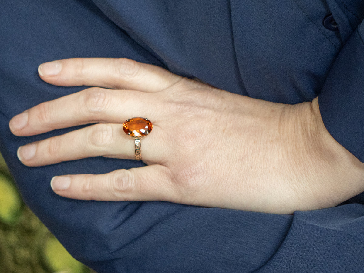 Citrine Solitaire in Vintage Scrolling Gold Filigree Setting