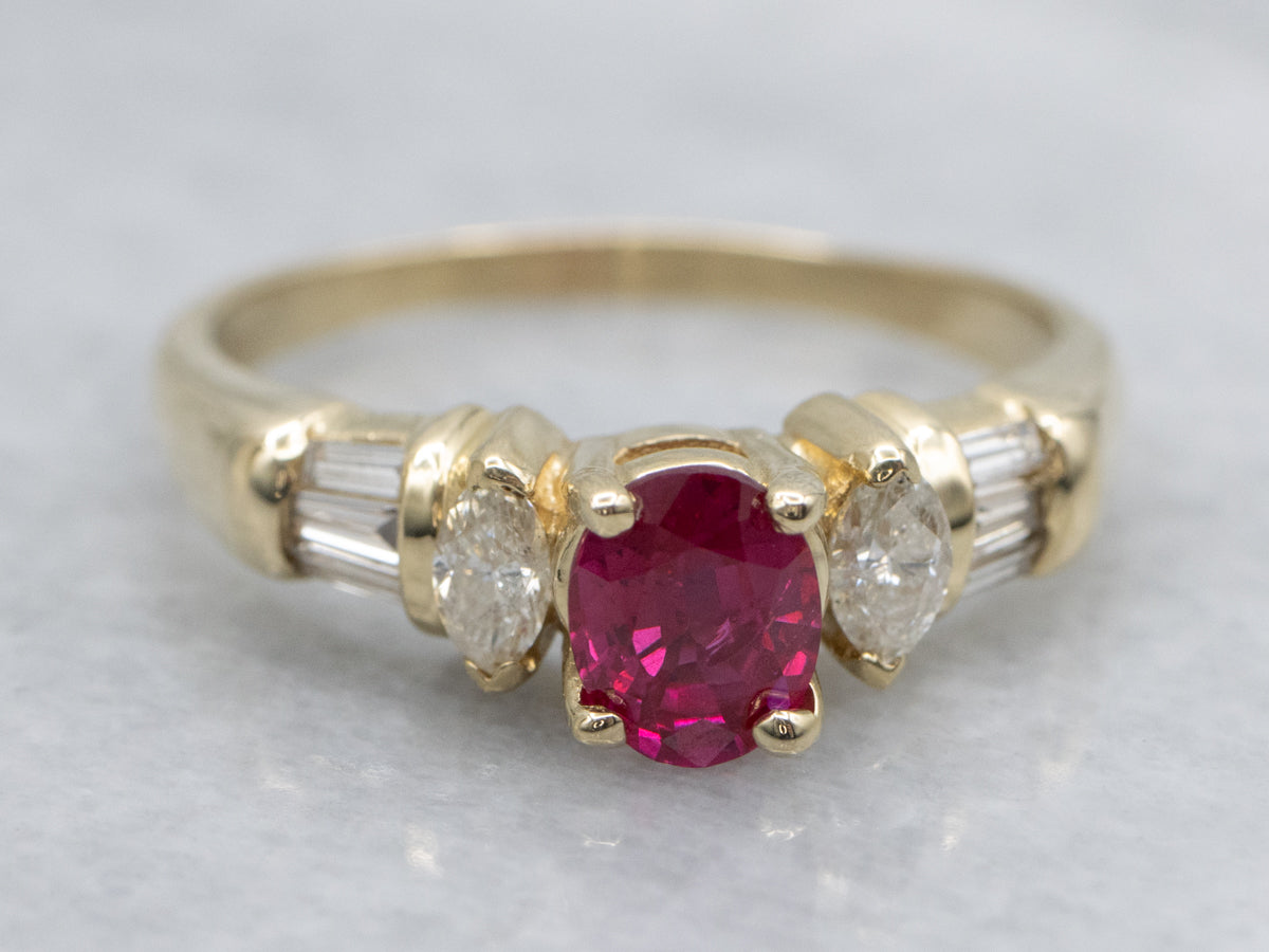 Ruby and Gold Engagement Ring with Mix-Cut Diamond Accents