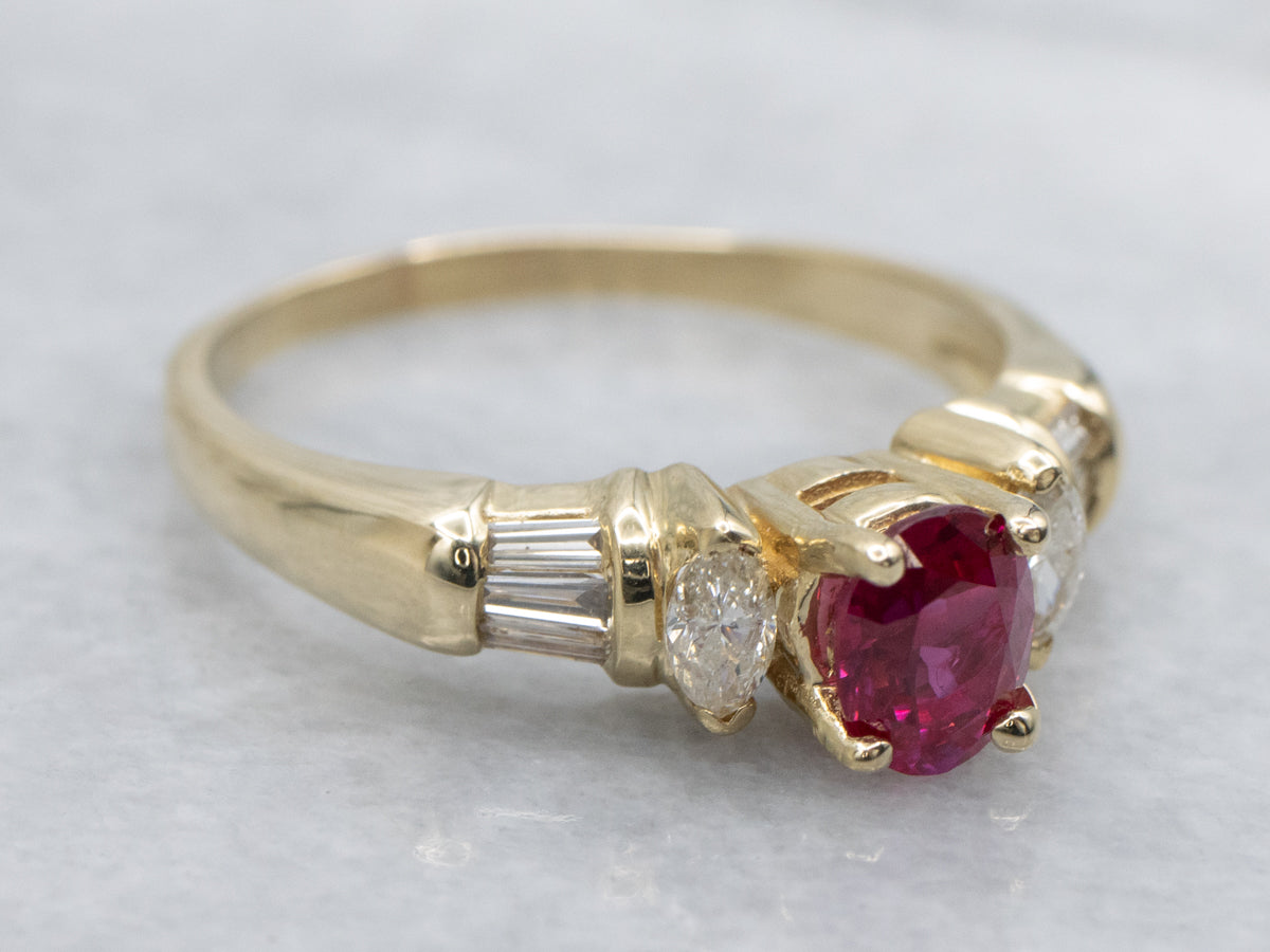 Ruby and Gold Engagement Ring with Mix-Cut Diamond Accents