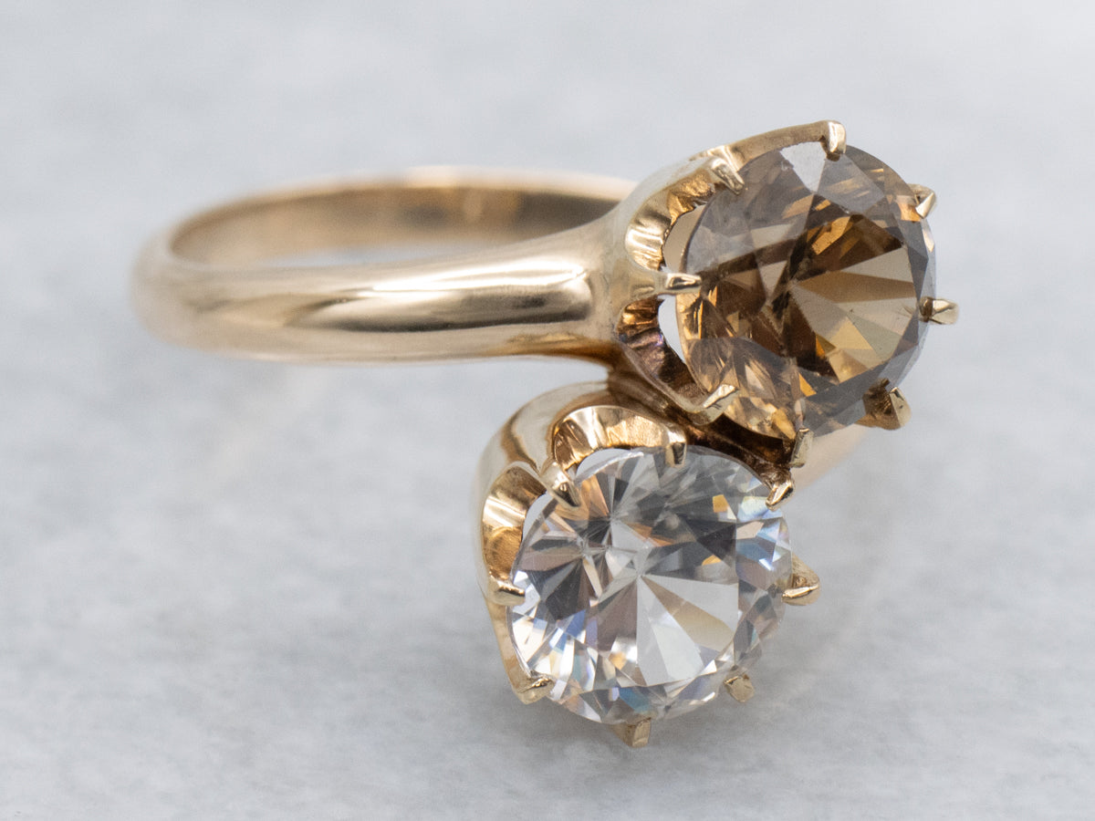 Golden and White Zircon Vintage Double Stone Bypass Ring
