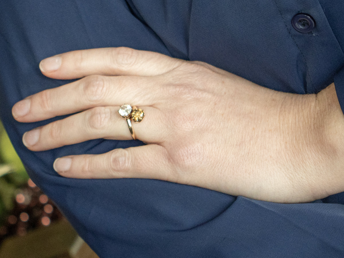Golden and White Zircon Vintage Double Stone Bypass Ring