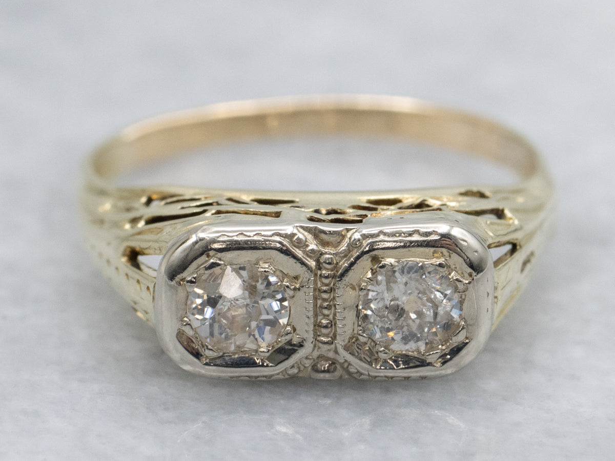 Beautiful Double Old Mine Cut Diamond Gold Art Nouveau Era Engagement Ring