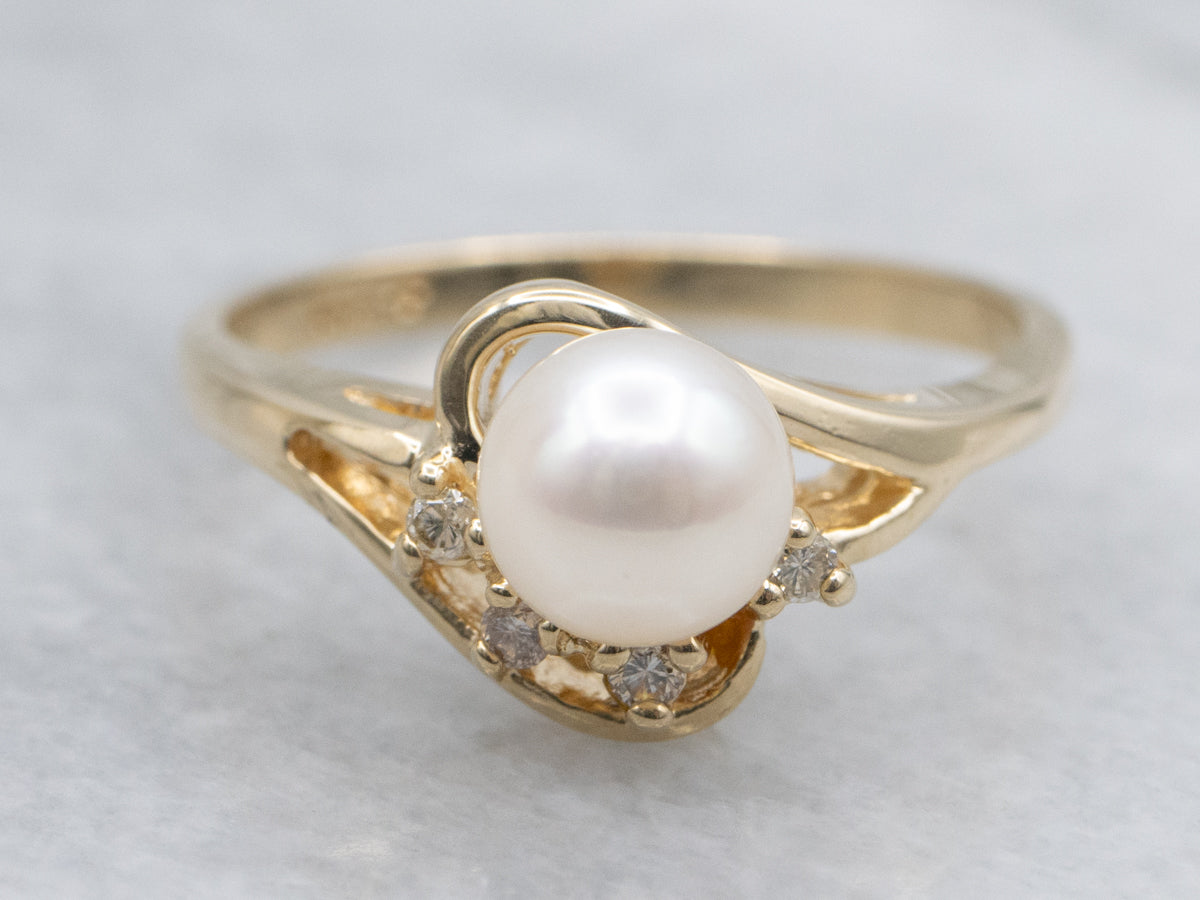 Vintage Gold Pearl and Diamond Bypass Ring