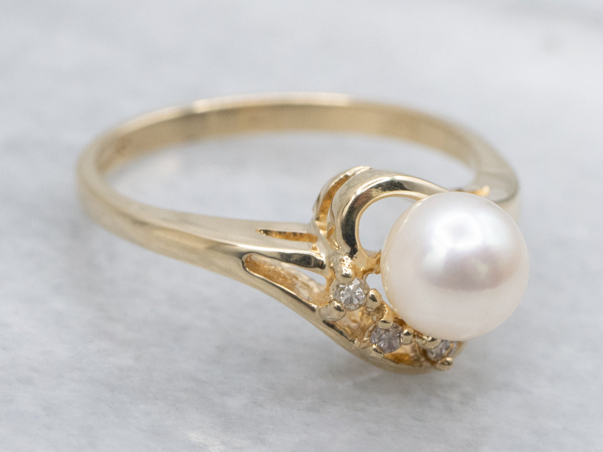 Vintage Gold Pearl and Diamond Bypass Ring
