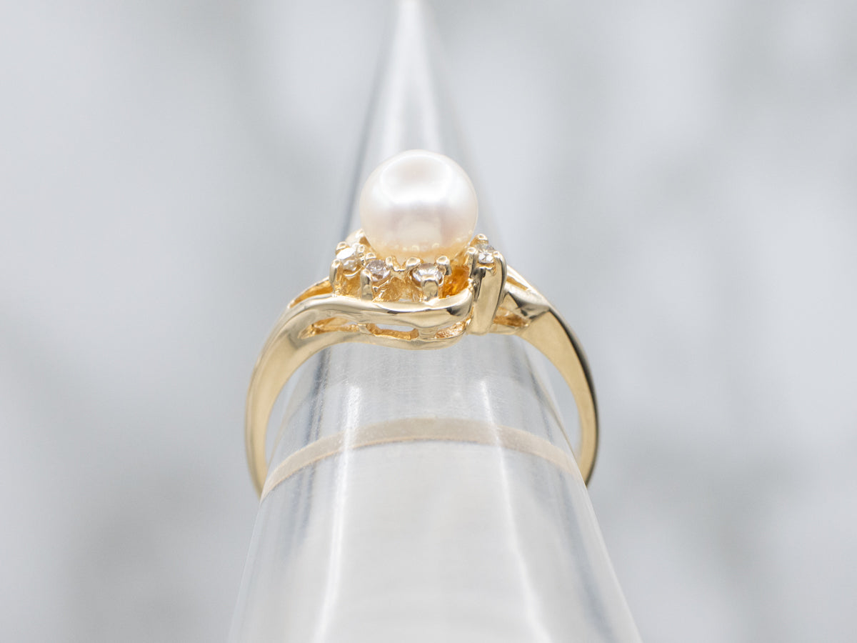 Vintage Gold Pearl and Diamond Bypass Ring