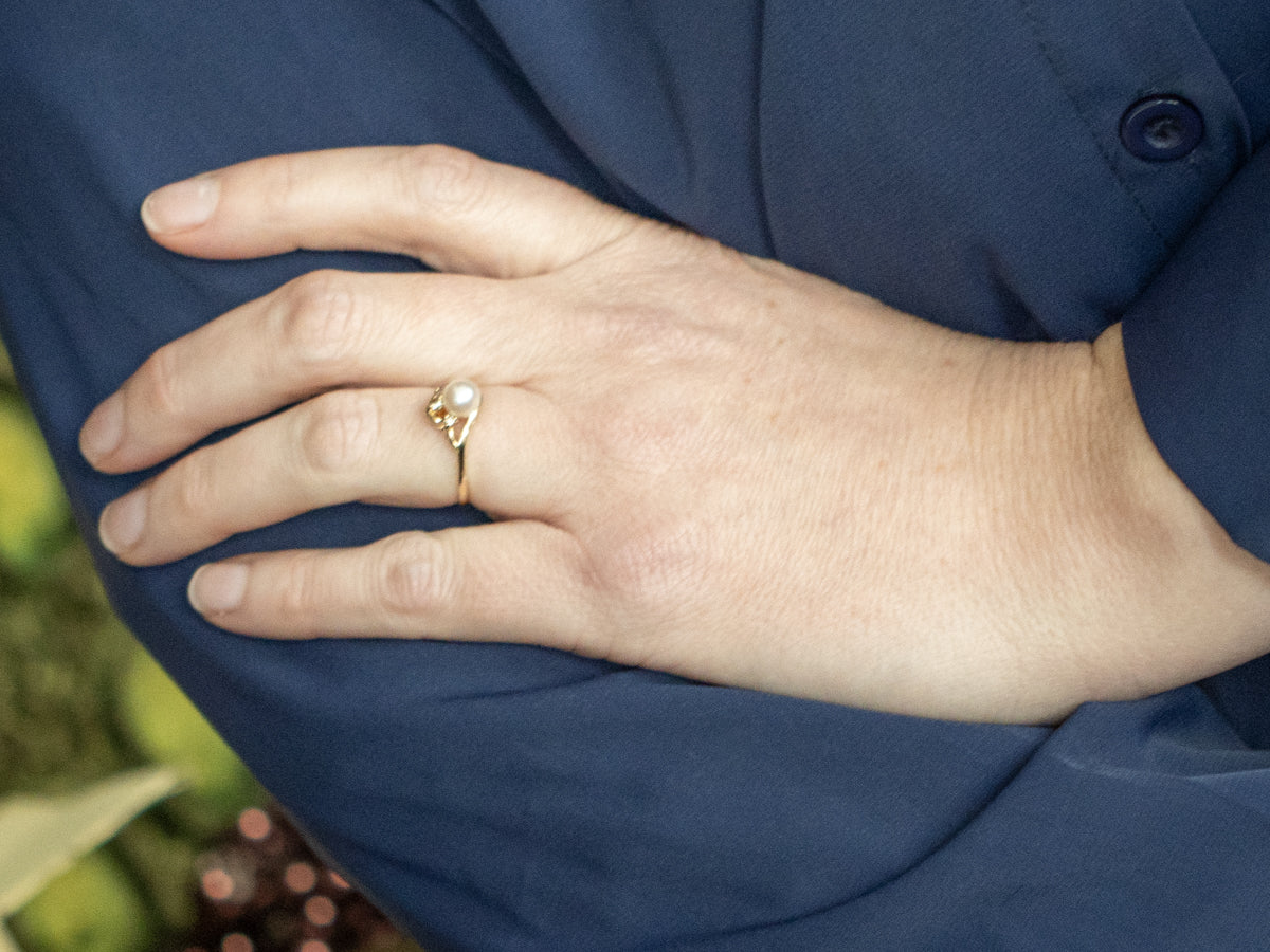 Vintage Gold Pearl and Diamond Bypass Ring