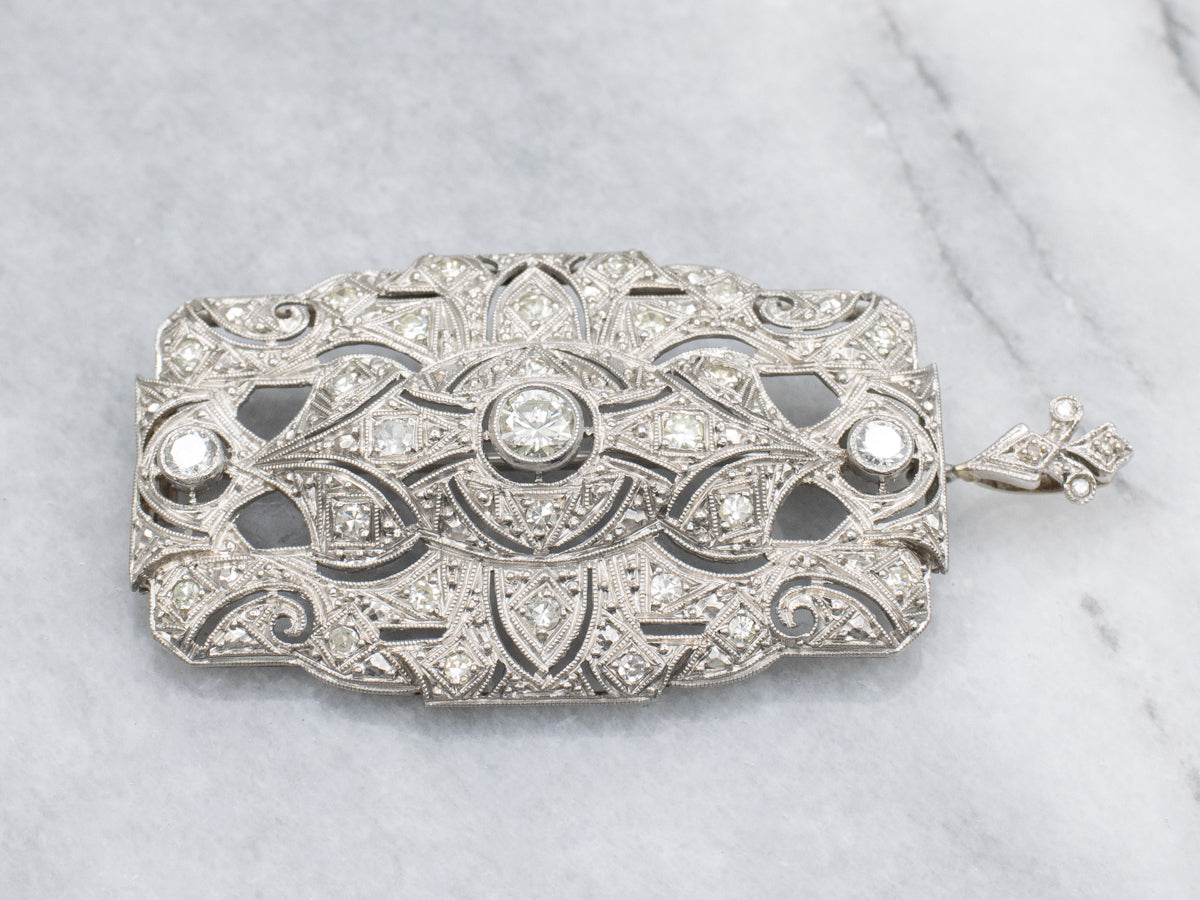 Edwardian Era Platinum and Diamond-Encrusted Brooch or Pendant