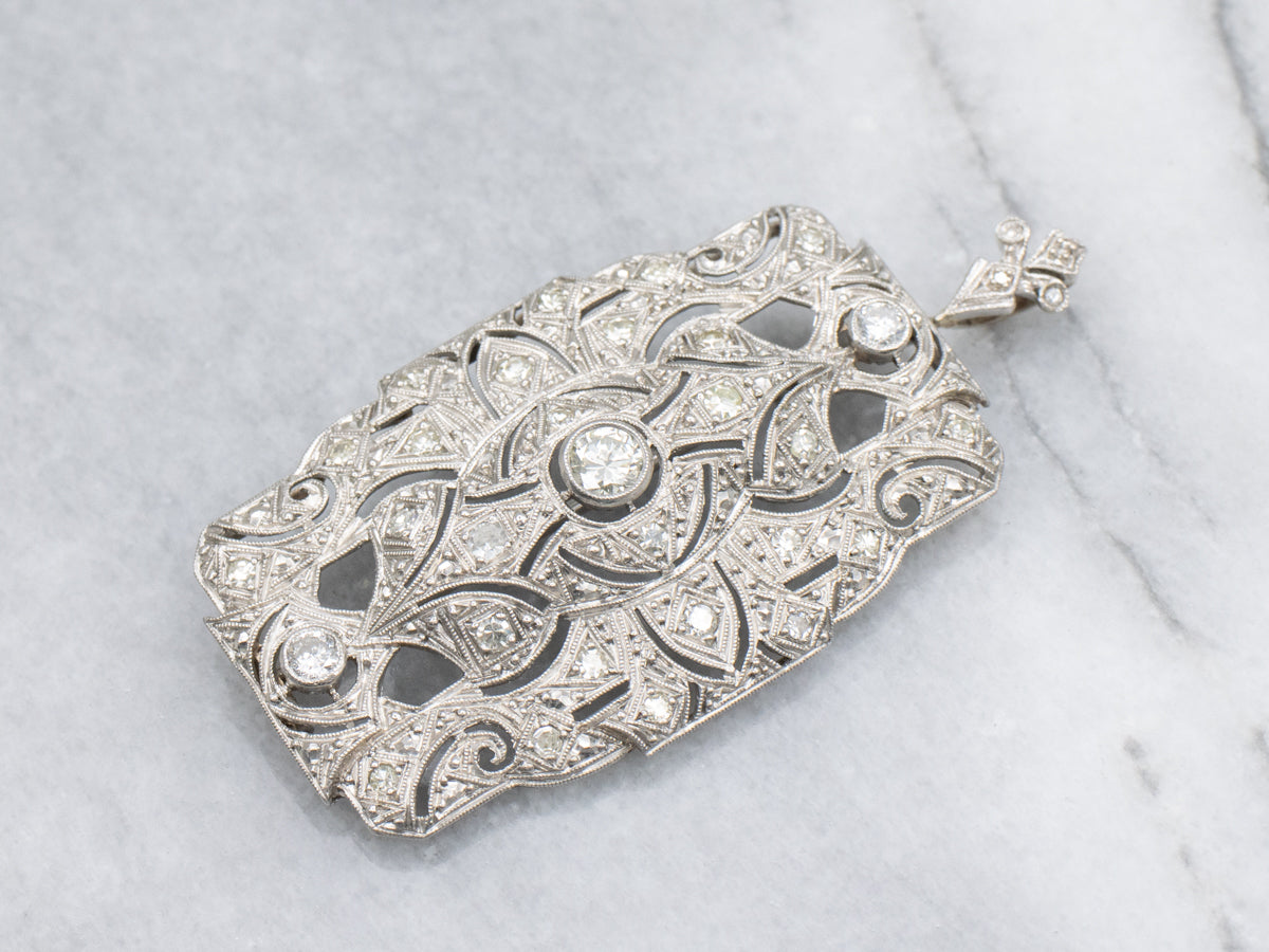 Edwardian Era Platinum and Diamond-Encrusted Brooch or Pendant