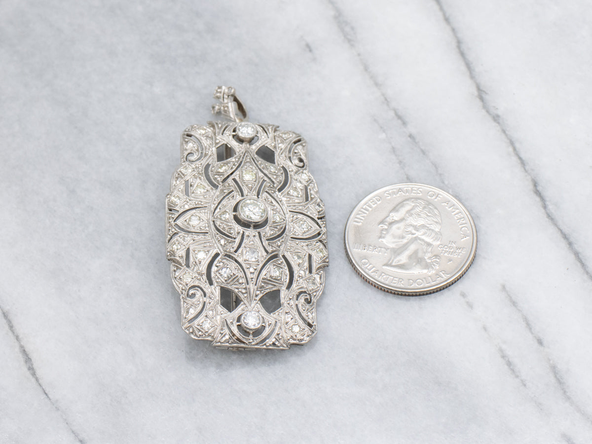 Edwardian Era Platinum and Diamond-Encrusted Brooch or Pendant