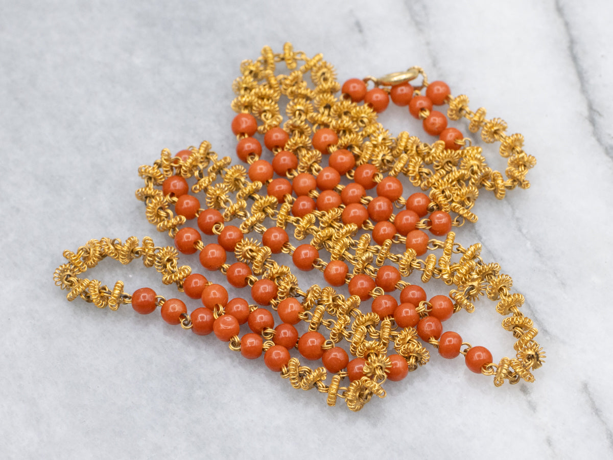 Vintage Gold and Hand-Crafted Coral Beaded Necklace