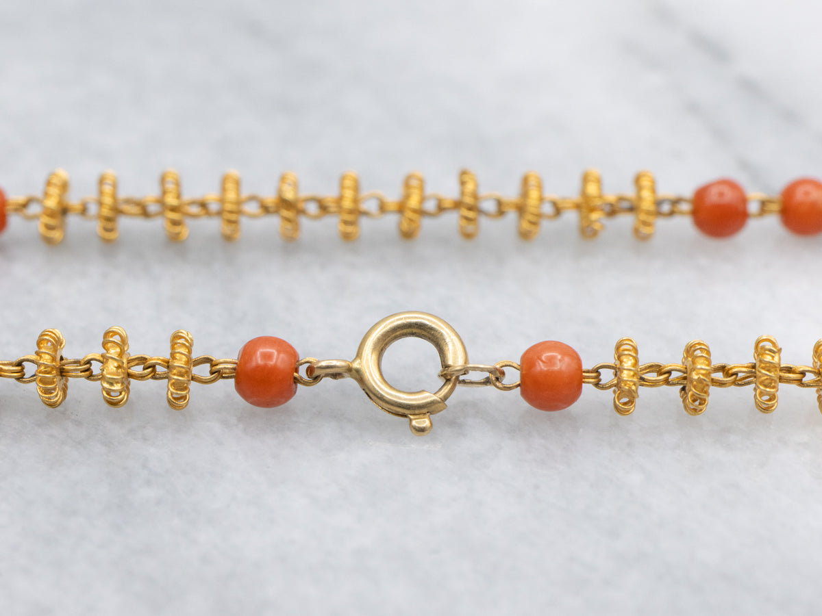Vintage Gold and Hand-Crafted Coral Beaded Necklace