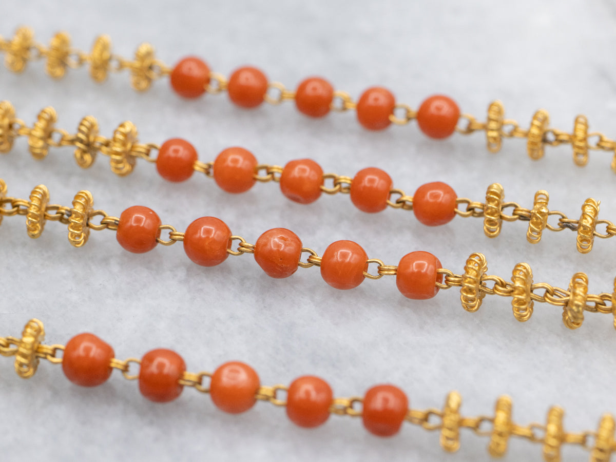 Vintage Gold and Hand-Crafted Coral Beaded Necklace