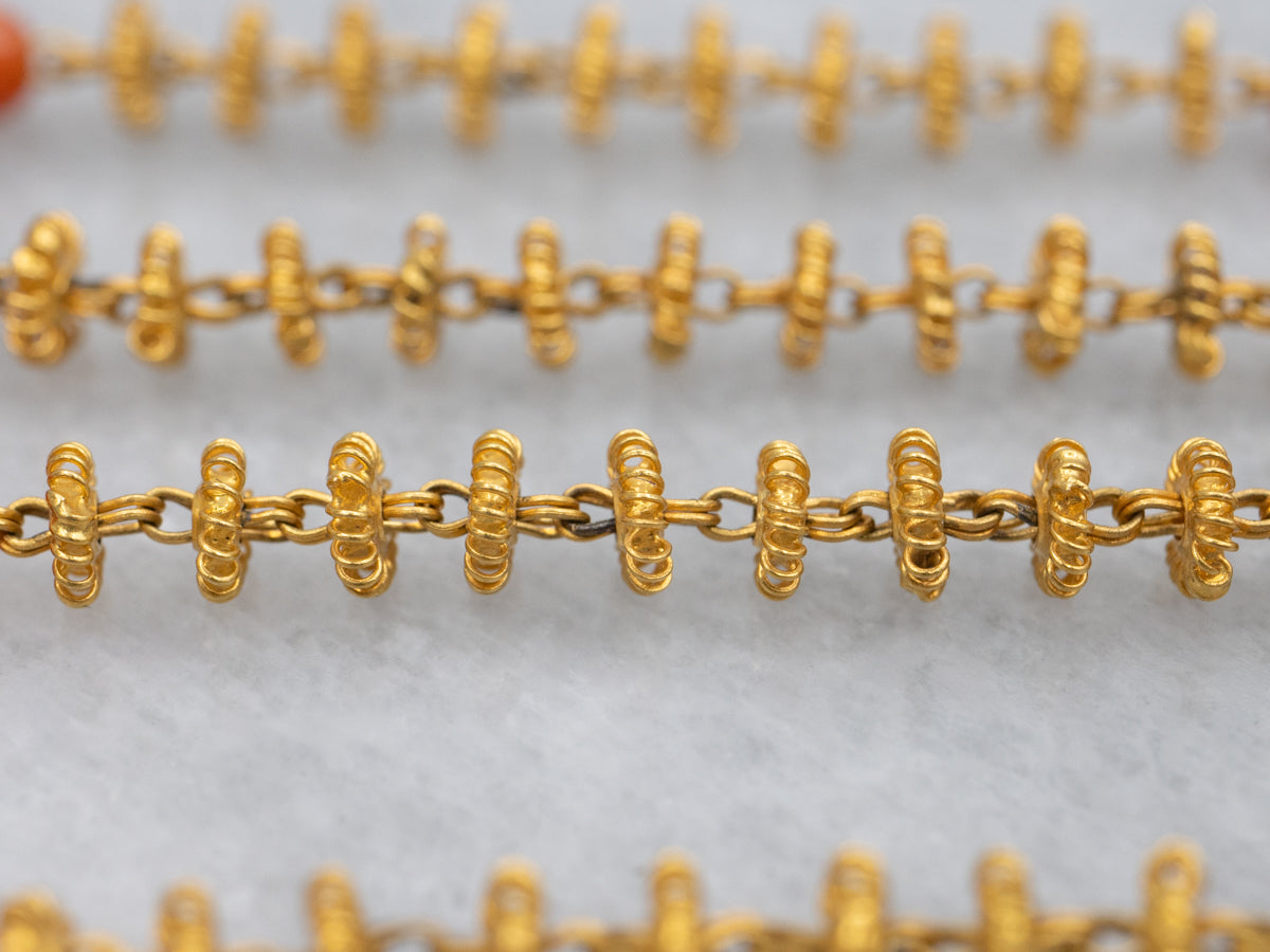 Vintage Gold and Hand-Crafted Coral Beaded Necklace