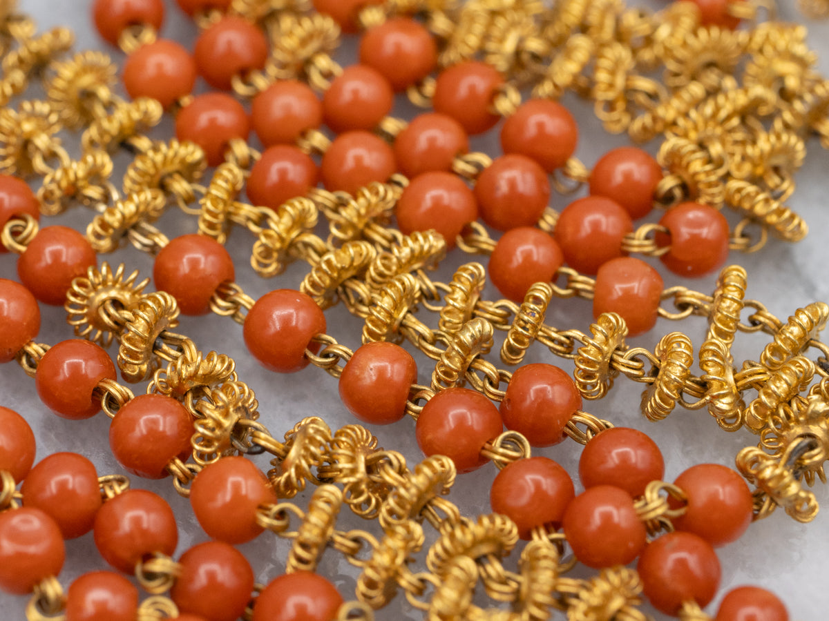 Vintage Gold and Hand-Crafted Coral Beaded Necklace