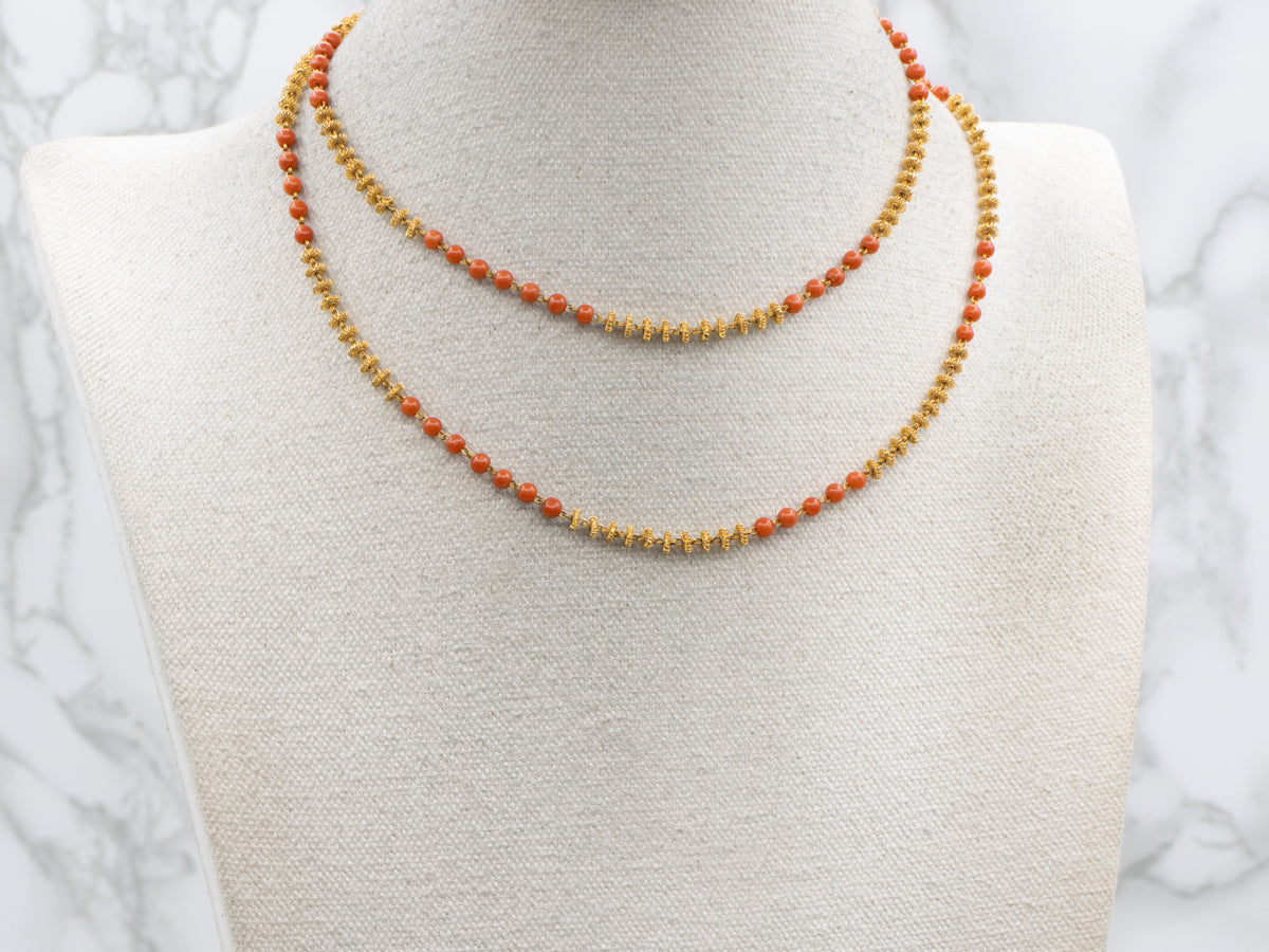 Vintage Gold and Hand-Crafted Coral Beaded Necklace