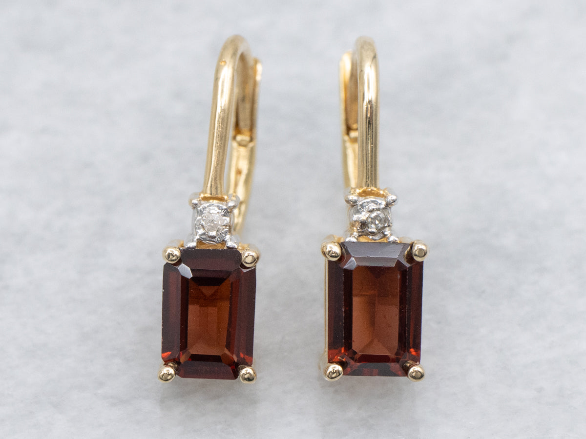 Emerald-Cut Garnet and Diamond Gold Earrings