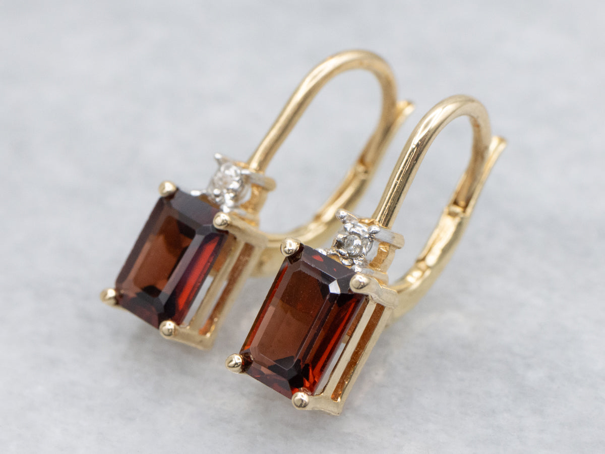 Emerald-Cut Garnet and Diamond Gold Earrings