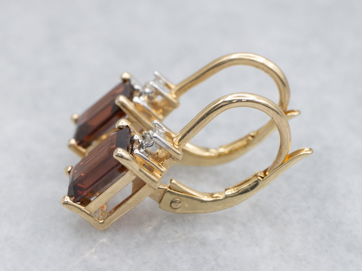 Emerald-Cut Garnet and Diamond Gold Earrings
