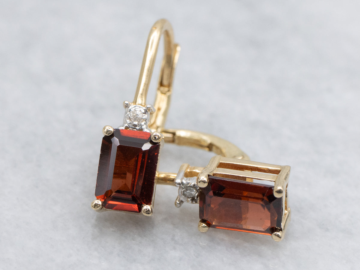 Emerald-Cut Garnet and Diamond Gold Earrings