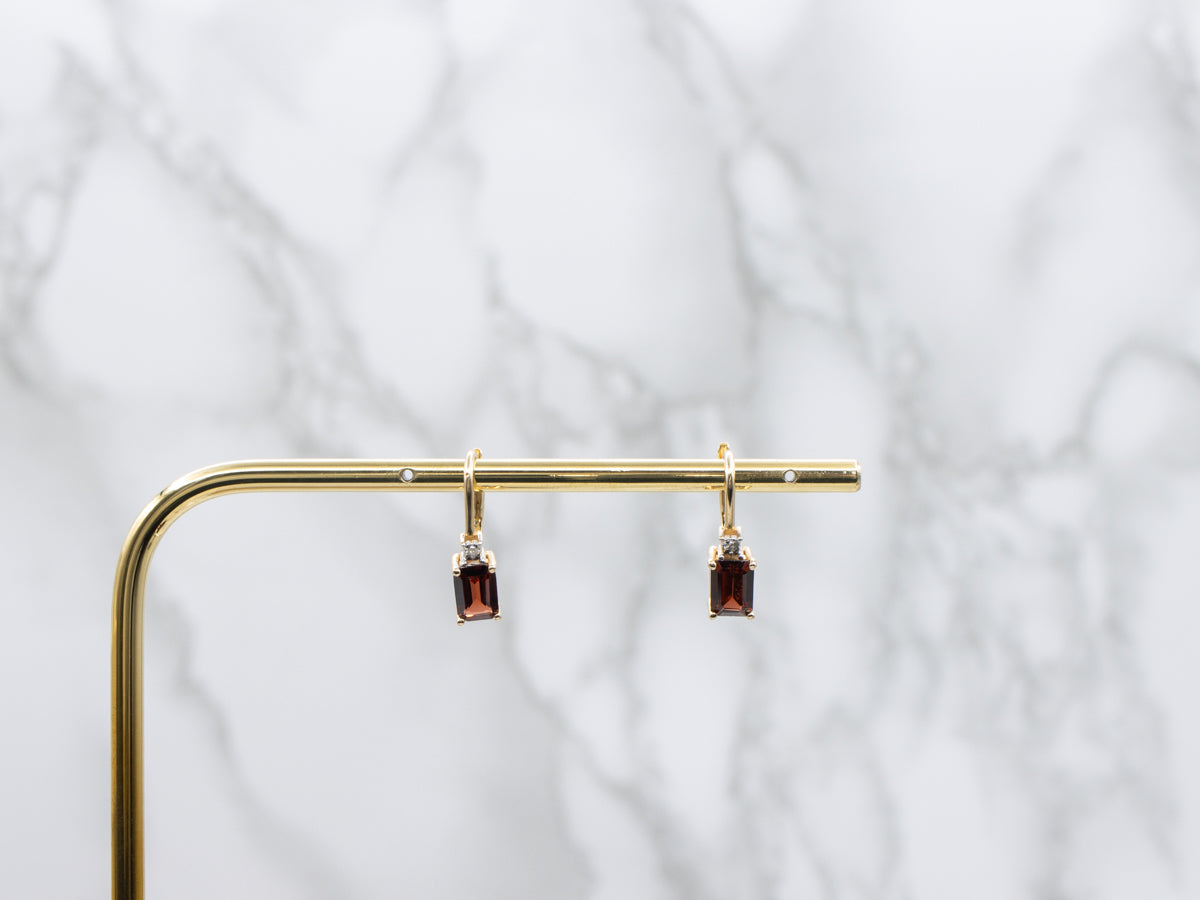 Emerald-Cut Garnet and Diamond Gold Earrings