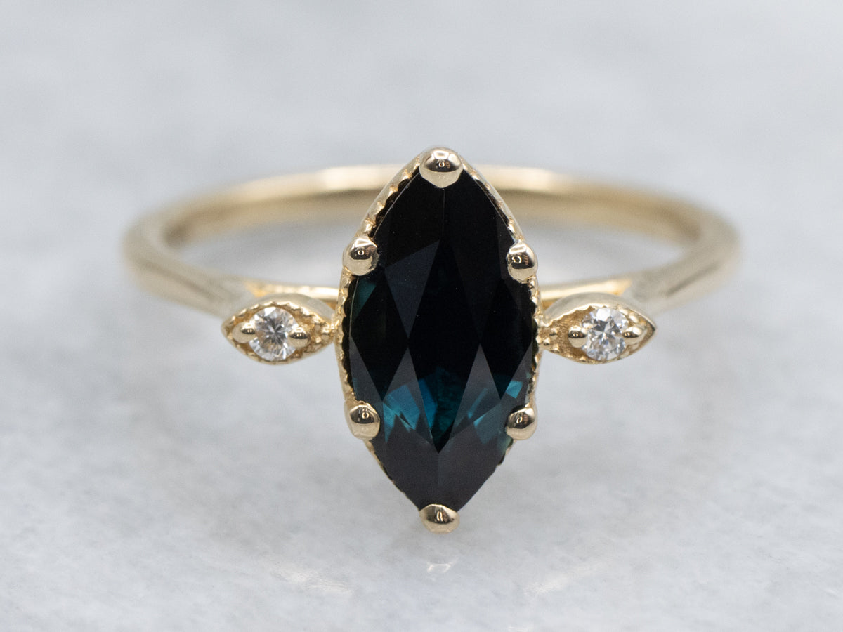 Marquise-Cut Sapphire and Diamond Three Stone Ring