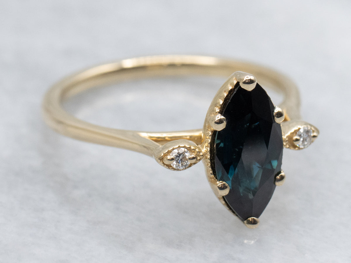 Marquise-Cut Sapphire and Diamond Three Stone Ring