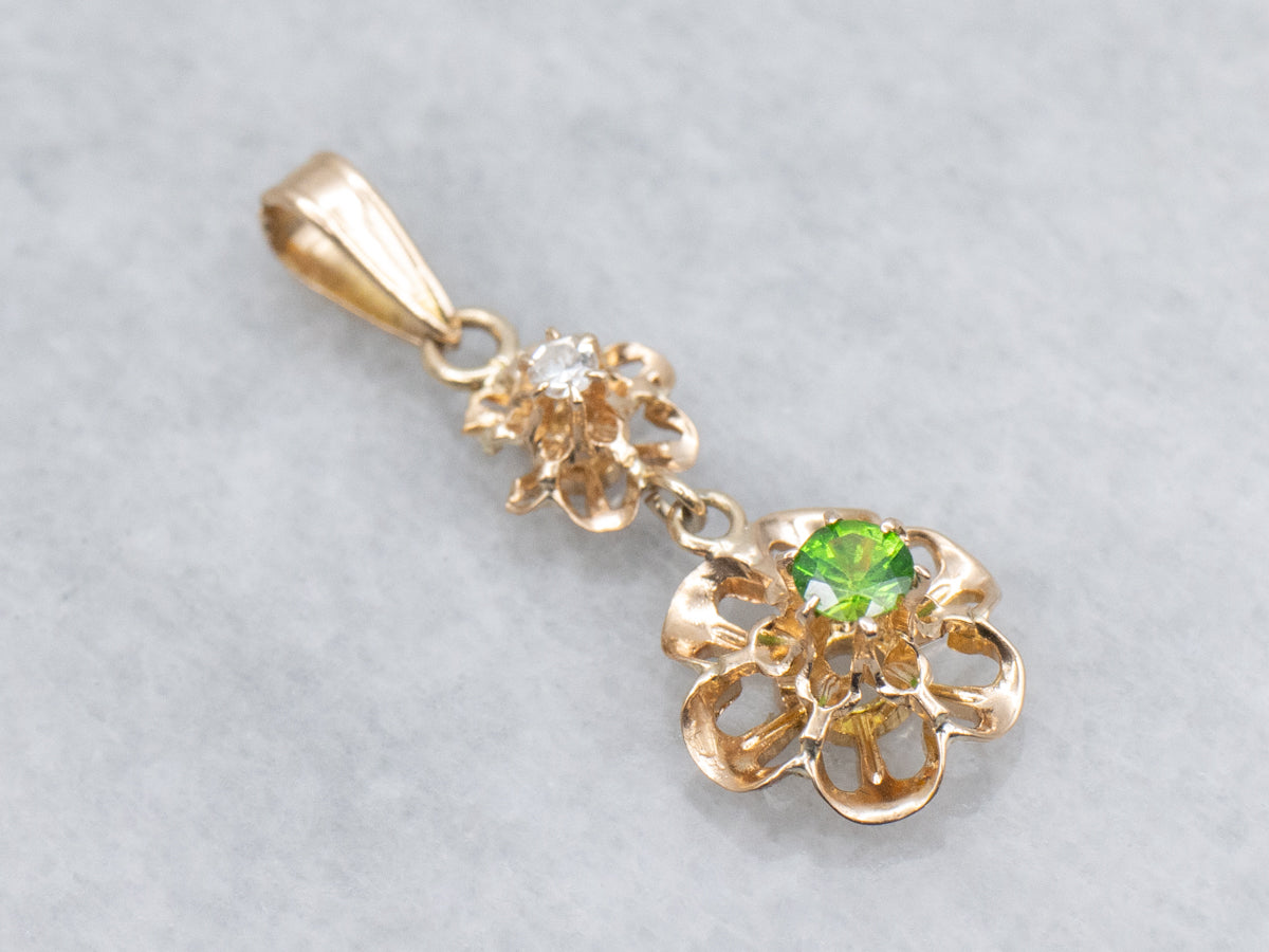 Buttercup-Set Demantoid Garnet and Diamond Double Flower Drop Pendant